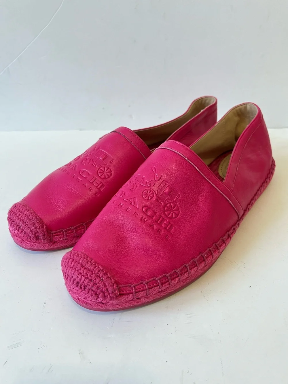 Coach Charlie fuschia Pink Leather debossed logo Espadrille Slip-Ons size 8B
